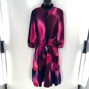 Nicole Miller Vibrant Pink, Blur & Purple Long Sleeve Shirtwaists Dress Size 16